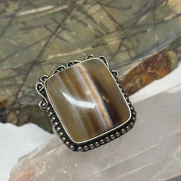 Sterling silver agate stripe stone ring - Picture 5 of 9